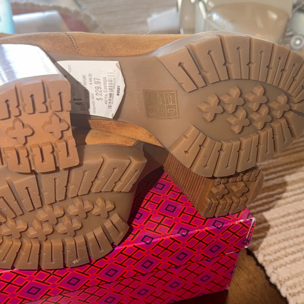 Tory Burch Chestnut Suede Platform Chelsea Booties with Stacked Heel - Picture 6 of 9
